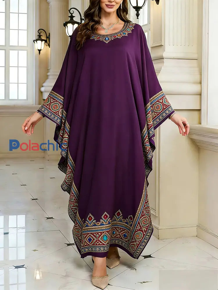Motif artistique élégant des femmes Casual lâche Batwing manches longues Plus Size Dress A / ONE