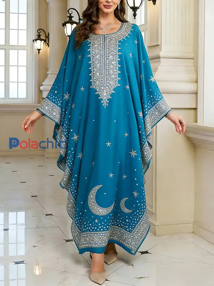 Motif artistique élégant des femmes Casual lâche Batwing manches longues Plus Size Dress A / ONE