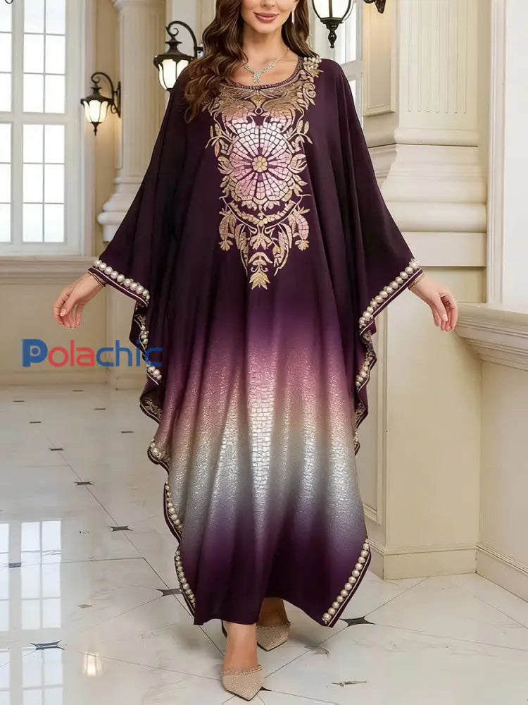 Motif artistique élégant des femmes Casual lâche Batwing manches longues Plus Size Dress A / ONE