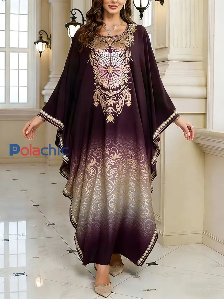 Motif artistique élégant des femmes Casual lâche Batwing manches longues Plus Size Dress A / ONE