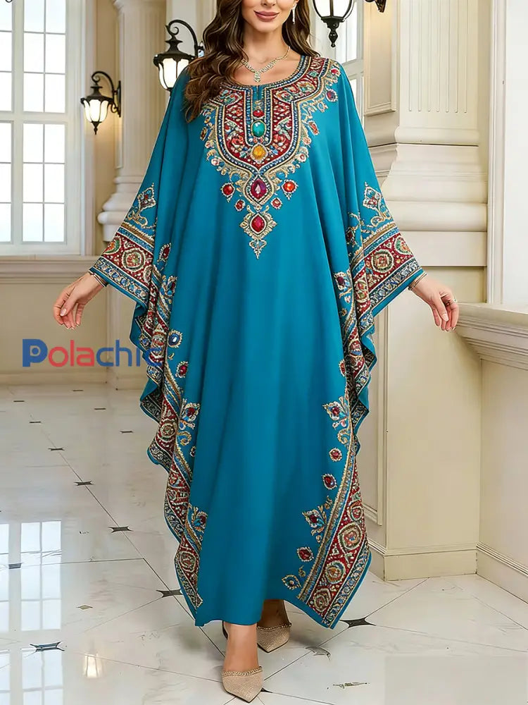 Motif artistique élégant des femmes Casual lâche Batwing manches longues Plus Size Dress A / ONE
