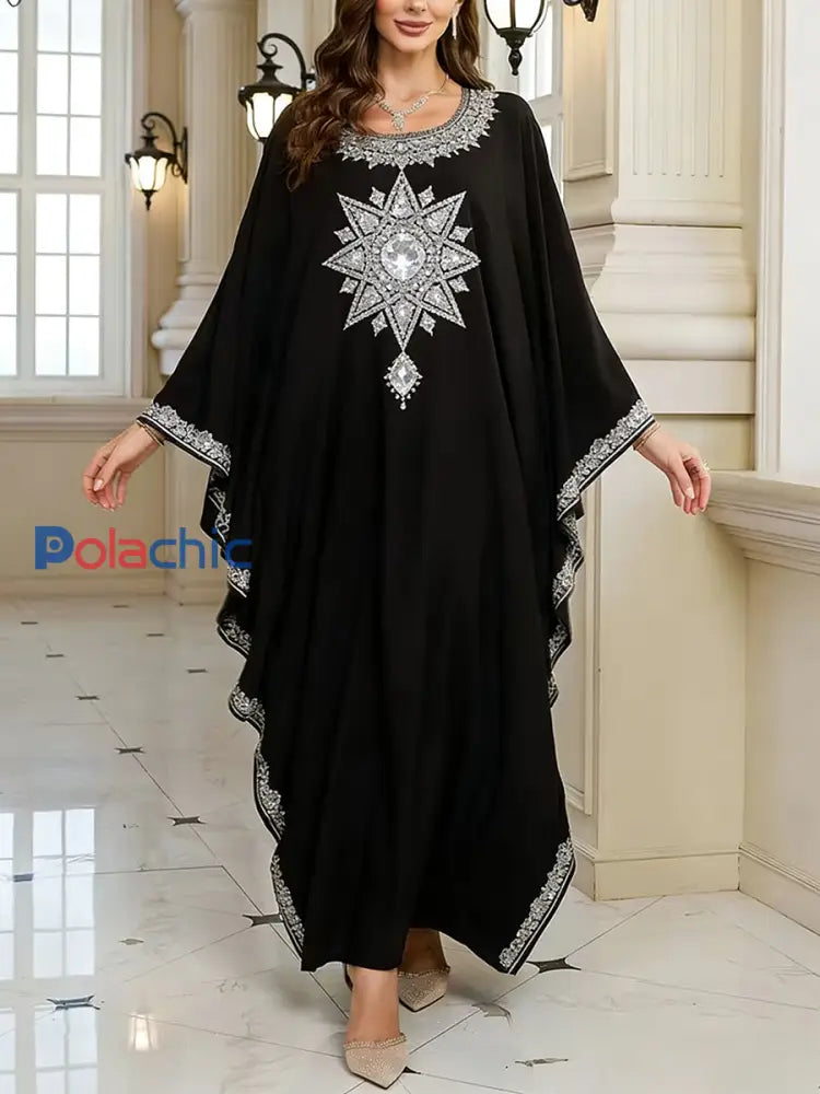 Motif artistique élégant des femmes Casual lâche Batwing manches longues Plus Size Dress A / ONE
