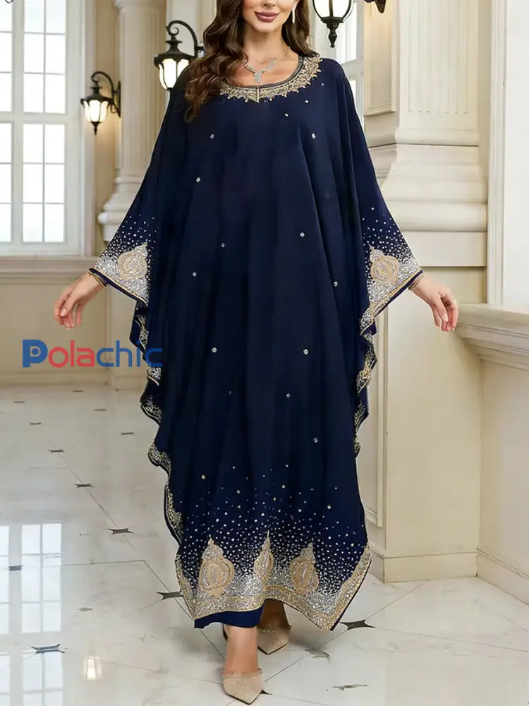 Motif artistique élégant des femmes Casual lâche Batwing manches longues Plus Size Dress A / ONE
