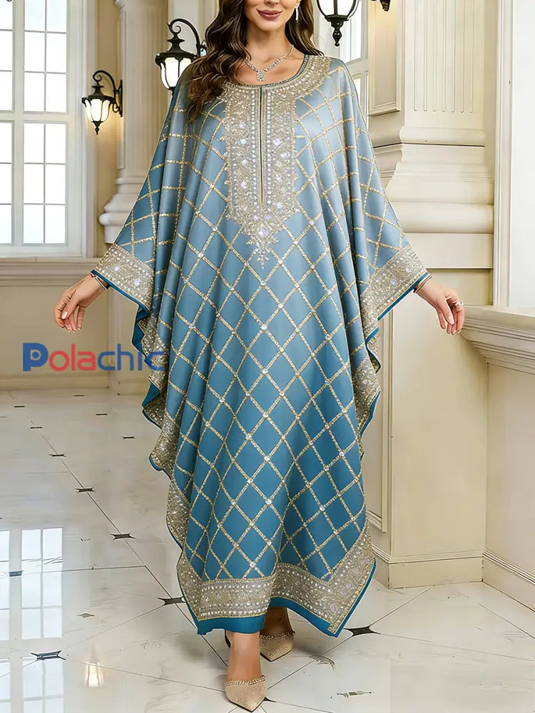Motif artistique élégant des femmes Casual lâche Batwing manches longues Plus Size Dress A / ONE