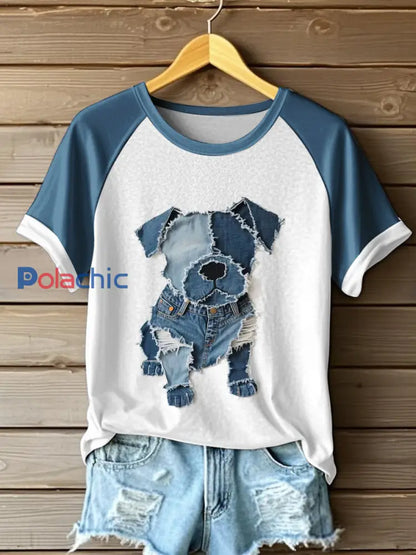 Motif chien mignon Patchwork Art T-Shirt des femmes Bleu Marine / S