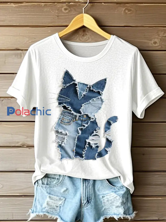 Motif de chat des femmes Denim Patchwork Art T-Shirt Blanc / S