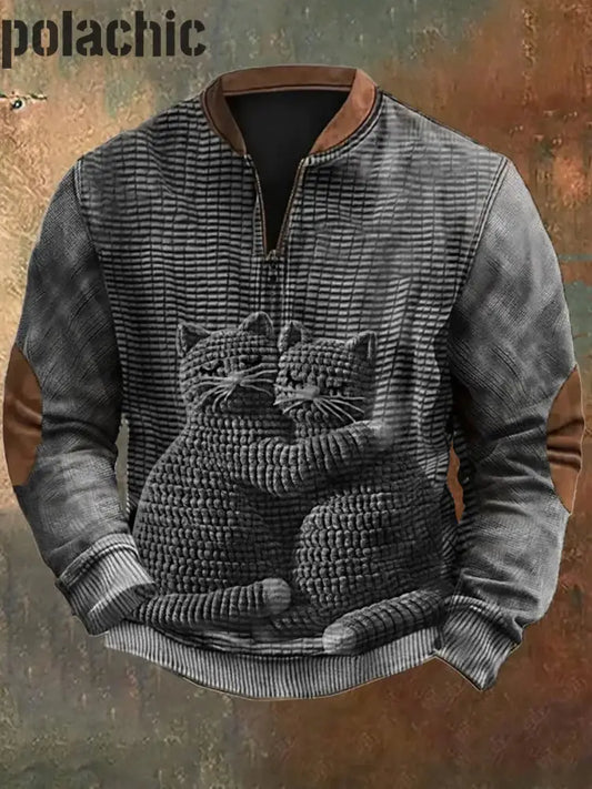 Motif De Chat Mignon Cowboy Imprimé Western Village Chasse Logo Zipper V-Cou En Plein Air