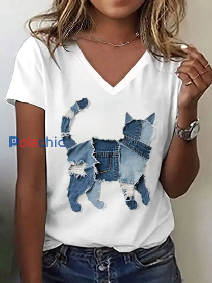 Motif de chat mignon Patchwork Art V-Neck T-Shirt des femmes Blanc / S