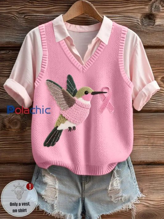 Motif de colibri d’art de feutre des femmes Gilet en tricot confortable Rose / S
