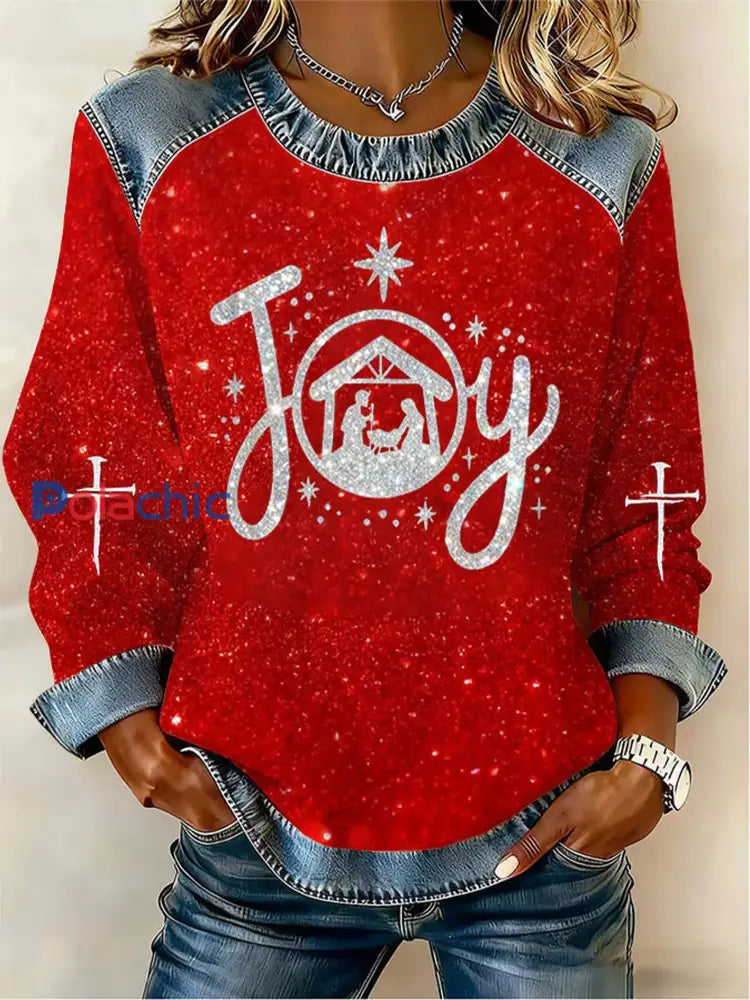 Motif de croyance de Noël Patchwork Art Sweatshirt des femmes Rouge / S