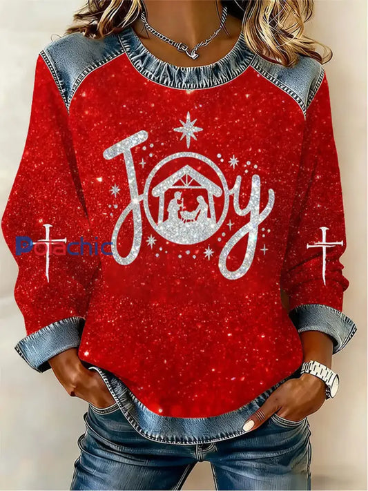 Motif de croyance de Noël Patchwork Art Sweatshirt des femmes Rouge / S