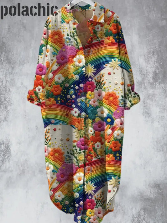 Motif De Fleurs Arc-En-Ciel Imprimé Col En V Bouton Revers Lâche Robe Chemise Midi A / S