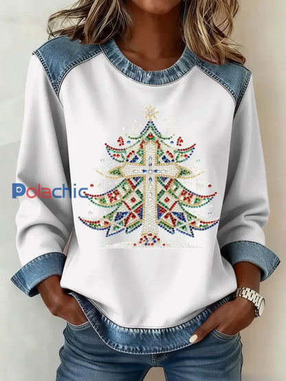 Motif de Noël Patchwork Art Sweatshirt des femmes Blanc / S