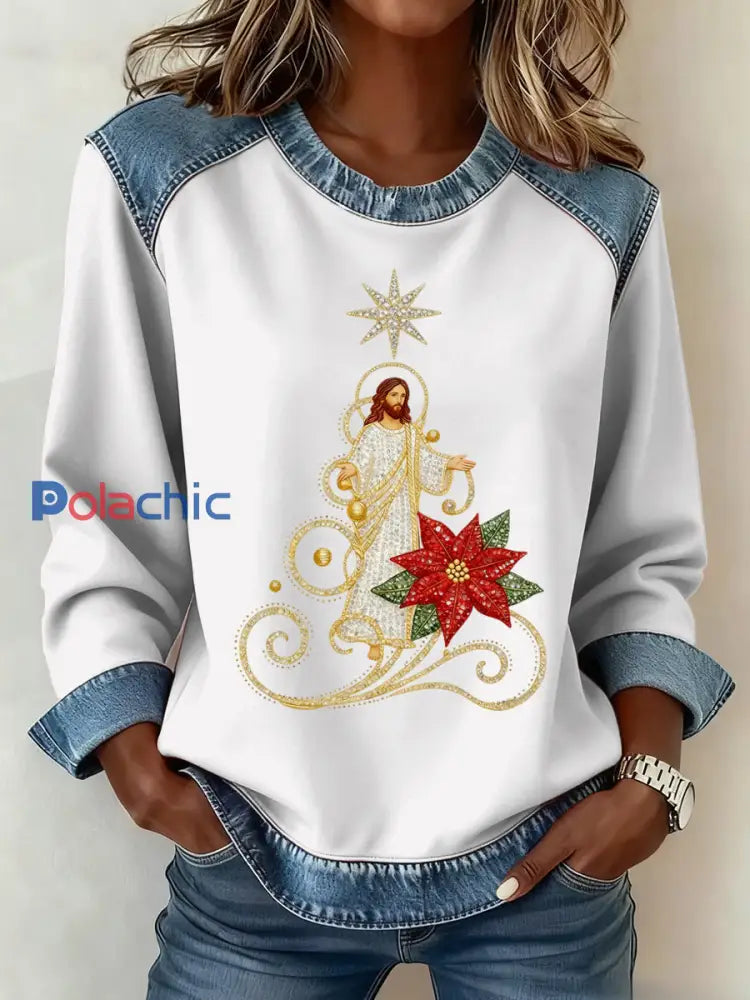 Motif de Noël Patchwork Art Sweatshirt des femmes Blanc / S