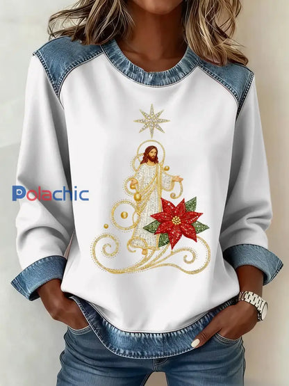 Motif de Noël Patchwork Art Sweatshirt des femmes Blanc / S