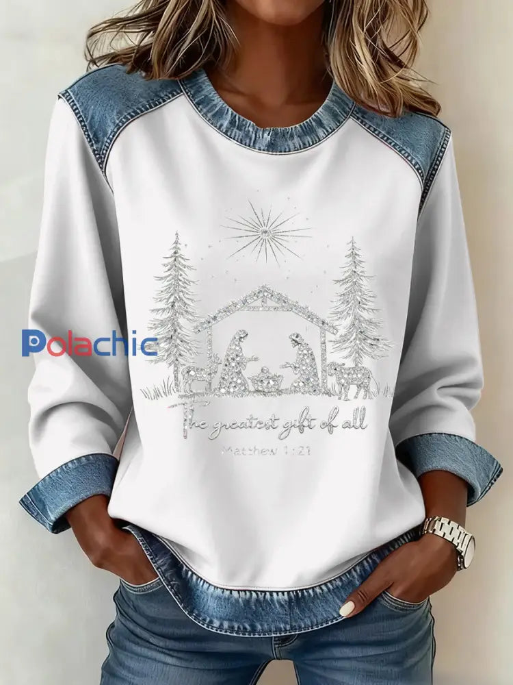 Motif de Noël Patchwork Art Sweatshirt des femmes Blanc / S