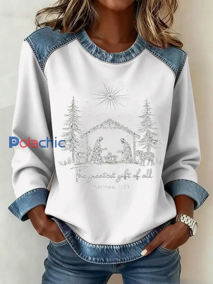 Motif de Noël Patchwork Art Sweatshirt des femmes Blanc / S