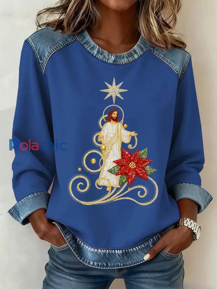 Motif de Noël Patchwork Art Sweatshirt des femmes Bleu / S