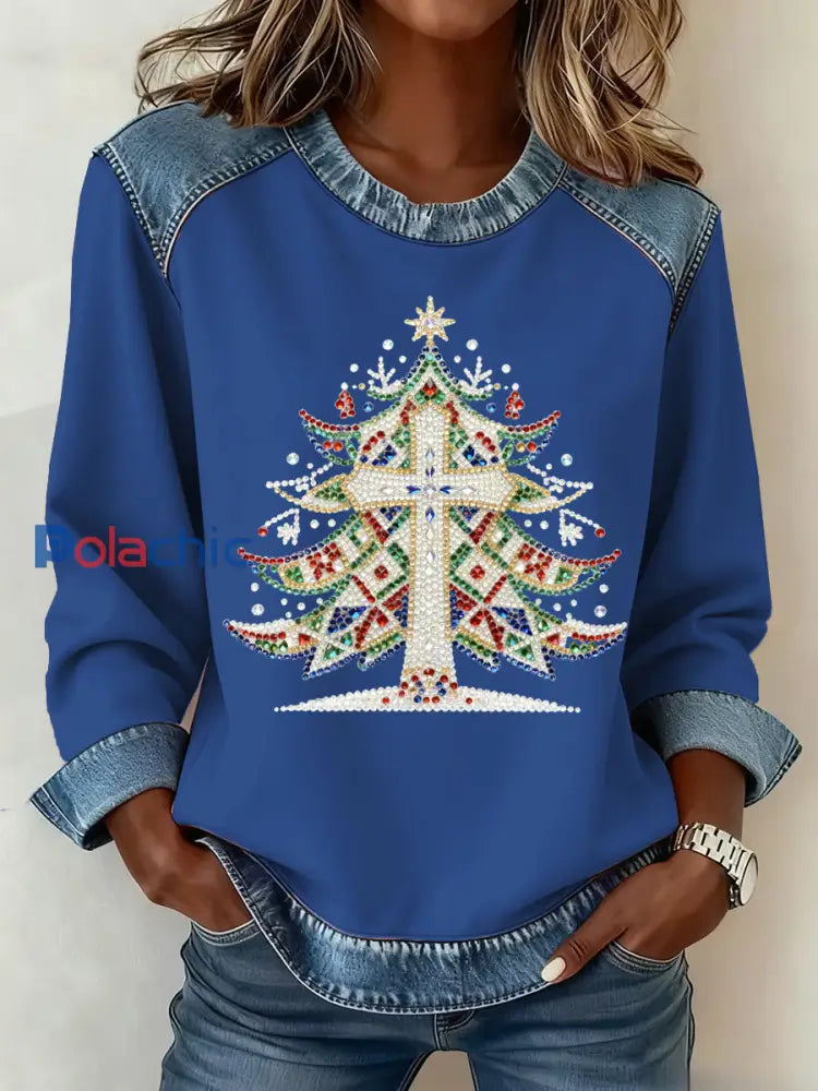 Motif de Noël Patchwork Art Sweatshirt des femmes Bleu / S