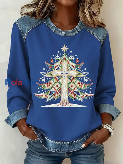 Motif de Noël Patchwork Art Sweatshirt des femmes Bleu / S