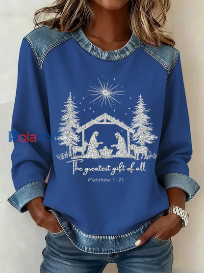 Motif de Noël Patchwork Art Sweatshirt des femmes Bleu / S