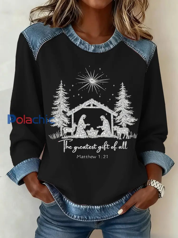 Motif de Noël Patchwork Art Sweatshirt des femmes Noir / S