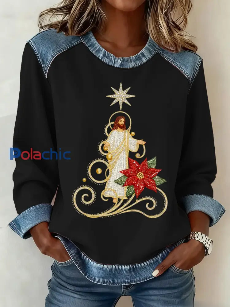 Motif de Noël Patchwork Art Sweatshirt des femmes Noir / S