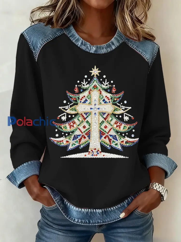 Motif de Noël Patchwork Art Sweatshirt des femmes Noir / S