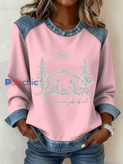 Motif de Noël Patchwork Art Sweatshirt des femmes Rose / S