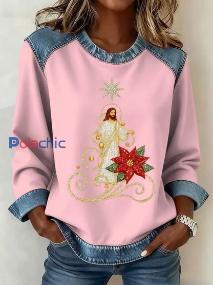 Motif de Noël Patchwork Art Sweatshirt des femmes Rose / S