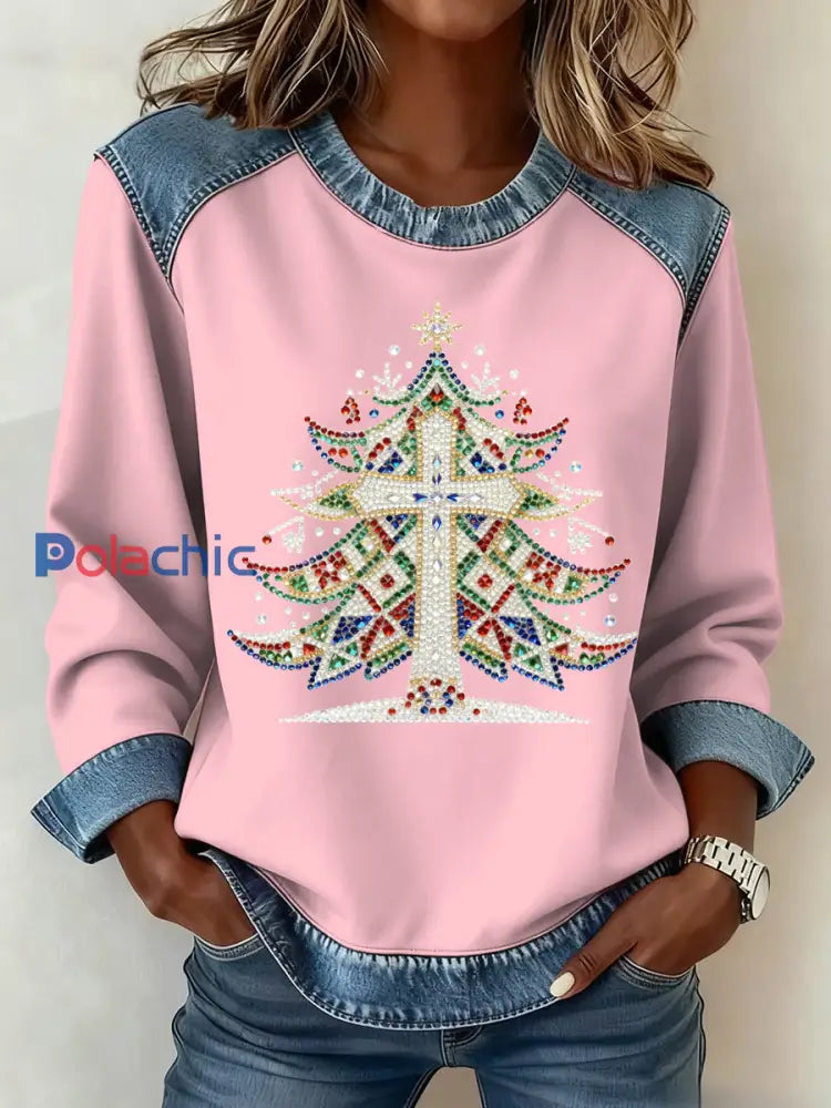 Motif de Noël Patchwork Art Sweatshirt des femmes Rose / S