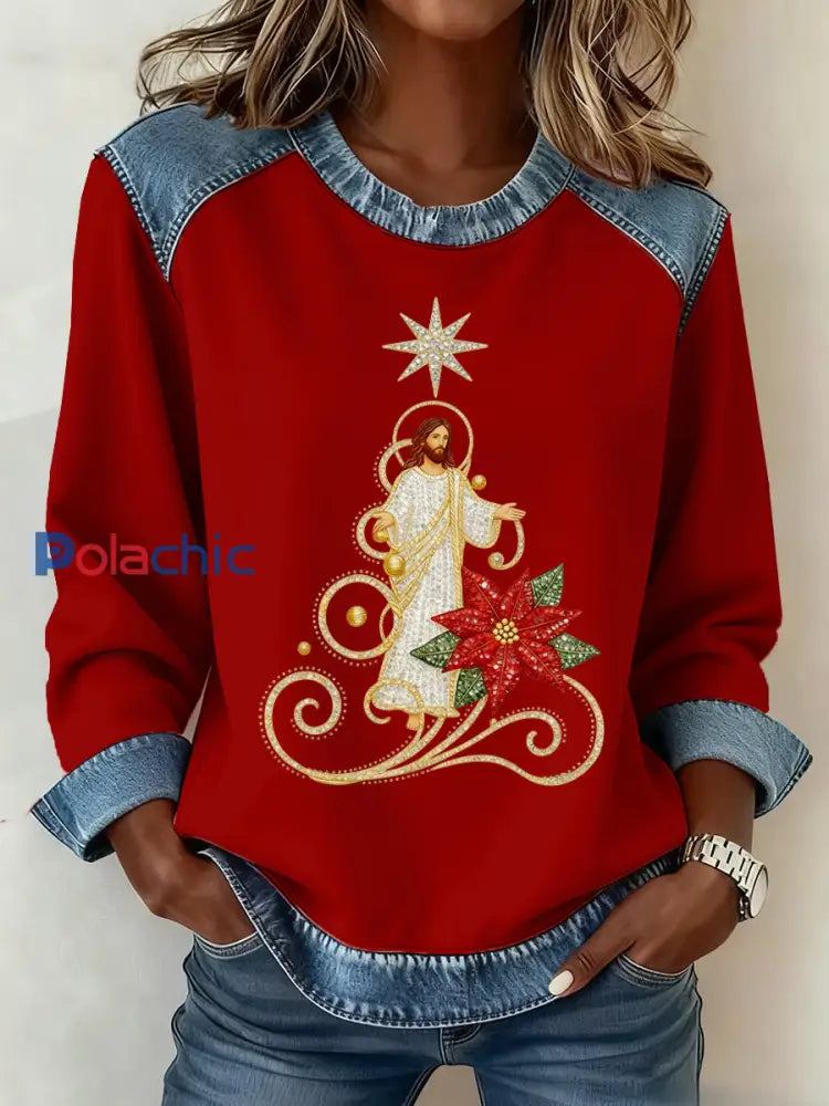 Motif de Noël Patchwork Art Sweatshirt des femmes Rouge / S