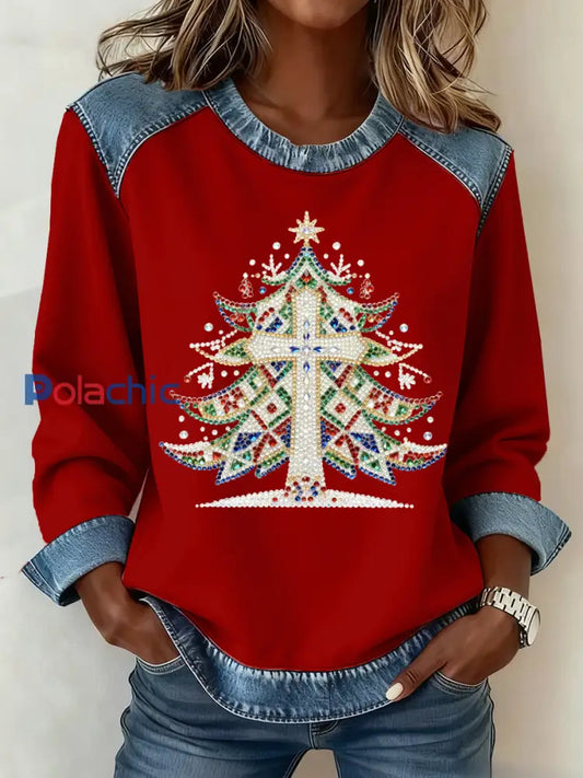 Motif de Noël Patchwork Art Sweatshirt des femmes Rouge / S