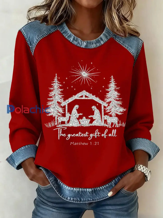 Motif de Noël Patchwork Art Sweatshirt des femmes Rouge / S