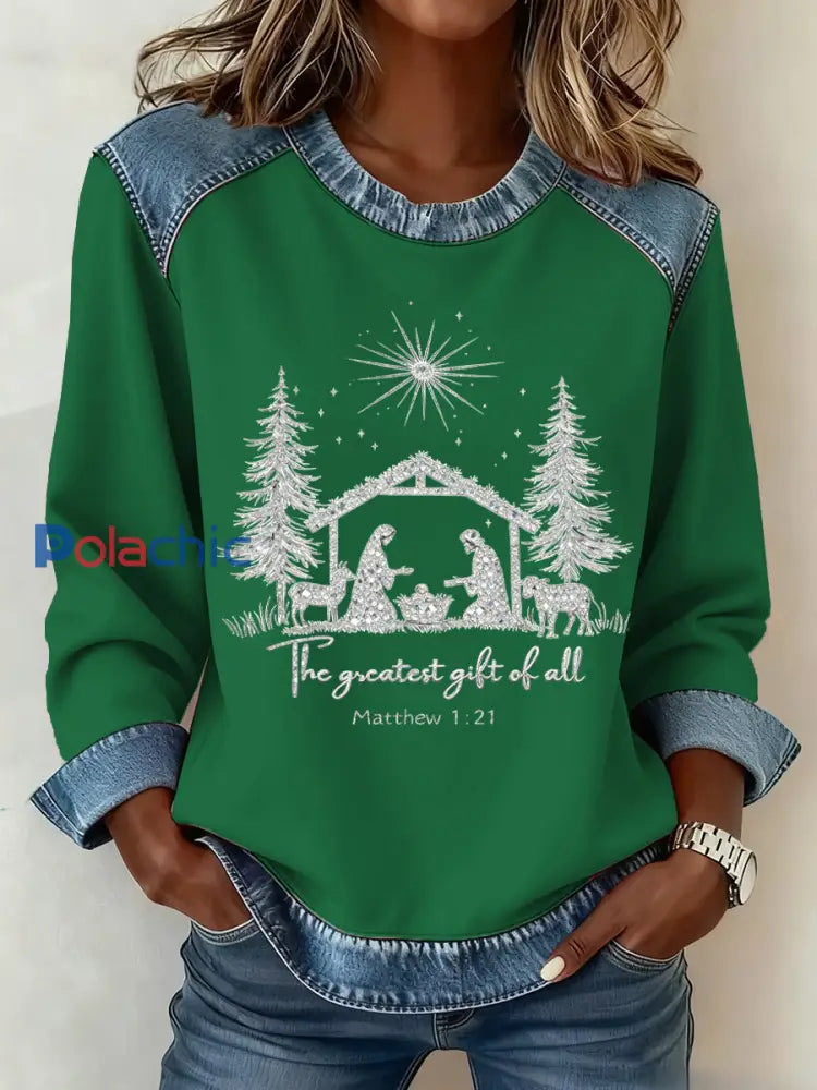 Motif de Noël Patchwork Art Sweatshirt des femmes Vert / S