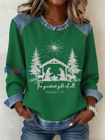 Motif de Noël Patchwork Art Sweatshirt des femmes Vert / S