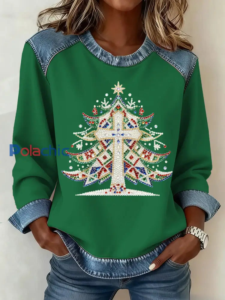 Motif de Noël Patchwork Art Sweatshirt des femmes Vert / S