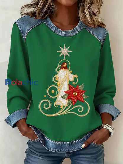 Motif de Noël Patchwork Art Sweatshirt des femmes Vert / S