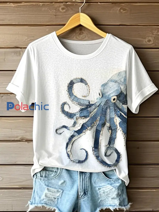 Motif de pieuvre Patchwork Art T-Shirt des femmes Blanc / S