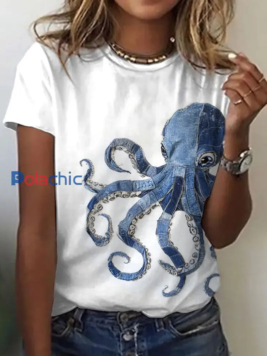 Motif de pieuvre Patchwork Art T-Shirt des femmes Blanc / S