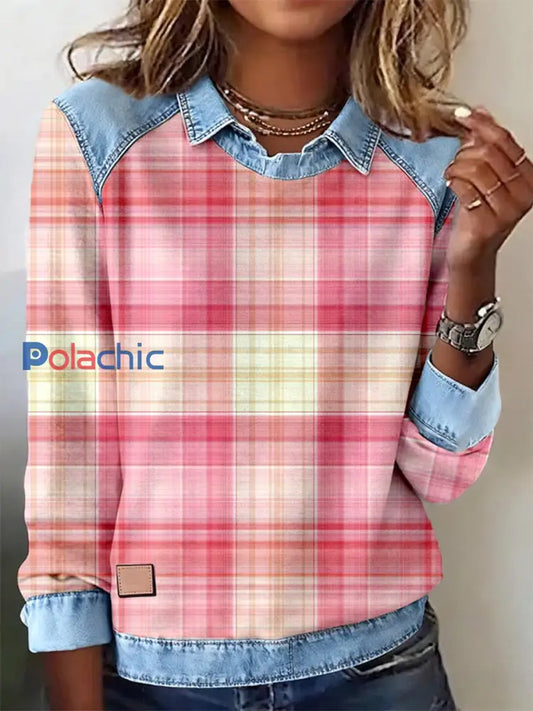Motif de Plaid Rose des femmes Patchwork Art Sweatshirt comme image / S