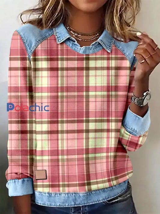 Motif de Plaid Rose des femmes Patchwork Art Sweatshirt comme image / S
