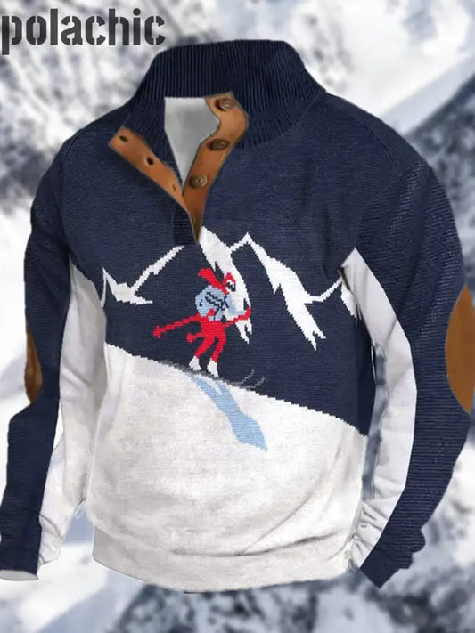 Motif De Ski Alpin Cowboy Imprimé Western Village Chasse Logo Bouton V-Neck Outdoor Sweatshirt