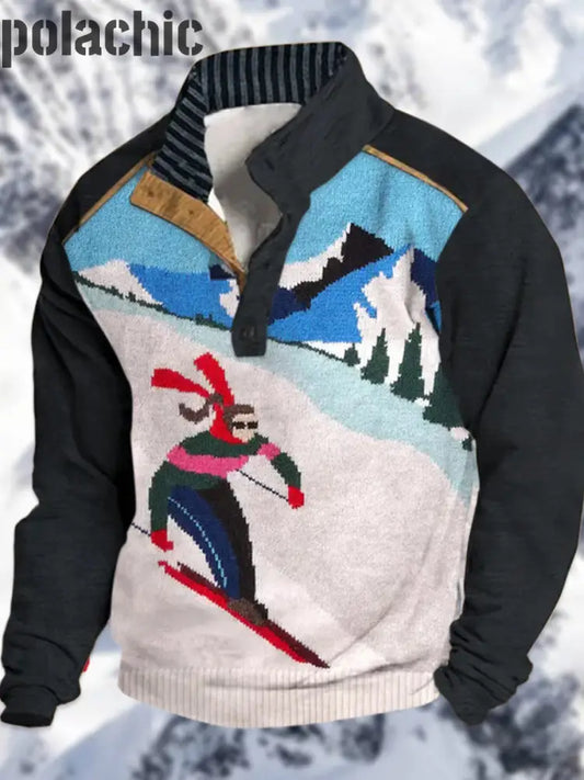 Motif De Ski Alpin Cowboy Imprimé Western Village Chasse Logo Bouton V-Neck Outdoor Sweatshirt