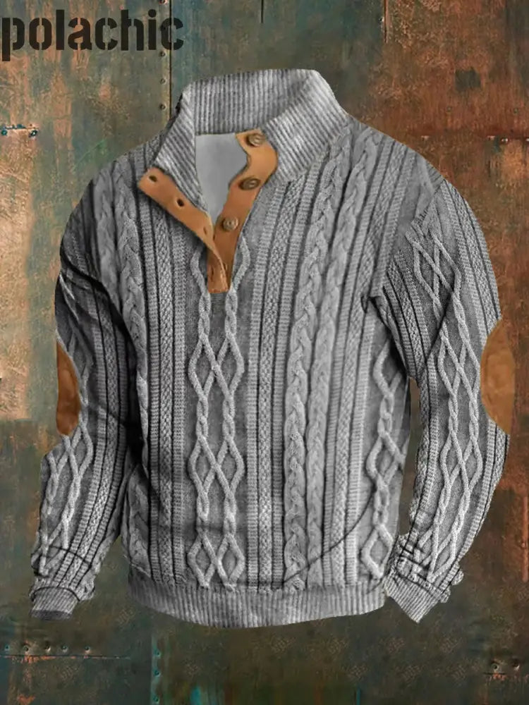 Motif De Texture Rétro Imprimé Western Vintage Col Montant Boutonné Sweat-Shirt Extérieur A / S