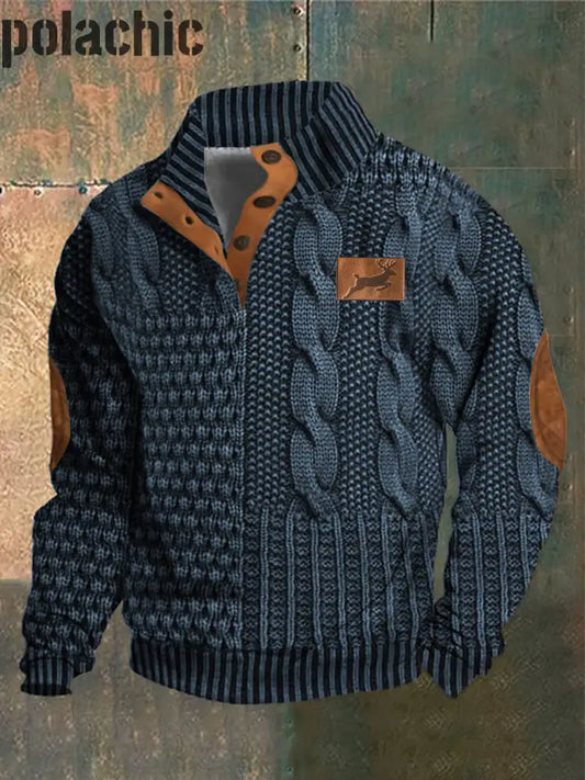 Motif De Texture Rétro Imprimé Western Vintage Henry Bouton V-Cou En Plein Air Épais Sweat