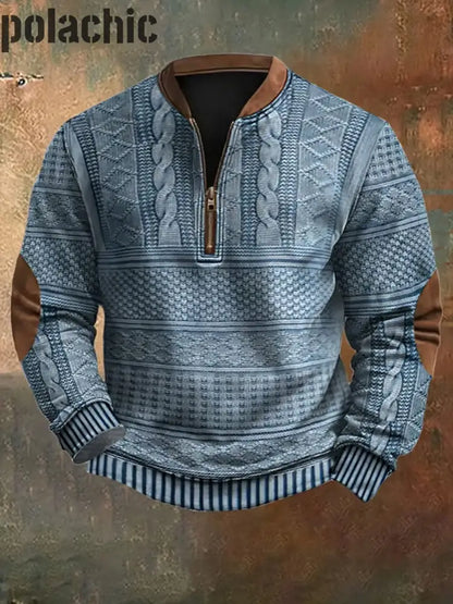 Motif De Texture Rétro Imprimé Western Vintage Zipper V-Neck Extérieur Épais Sweatshirt A / S