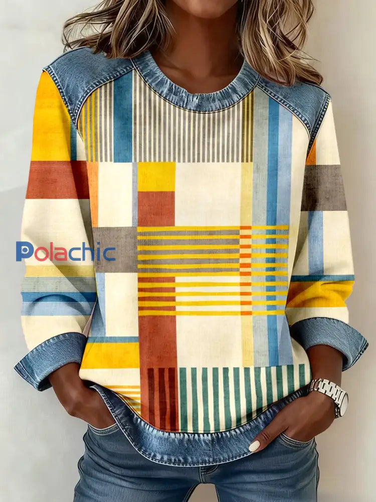 Motif géométrique Patchwork Art Sweatshirt Femme comme image / S