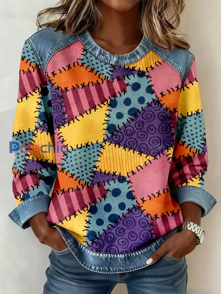 Motif géométrique Vintage Patchwork Art Sweatshirt des femmes comme image / S