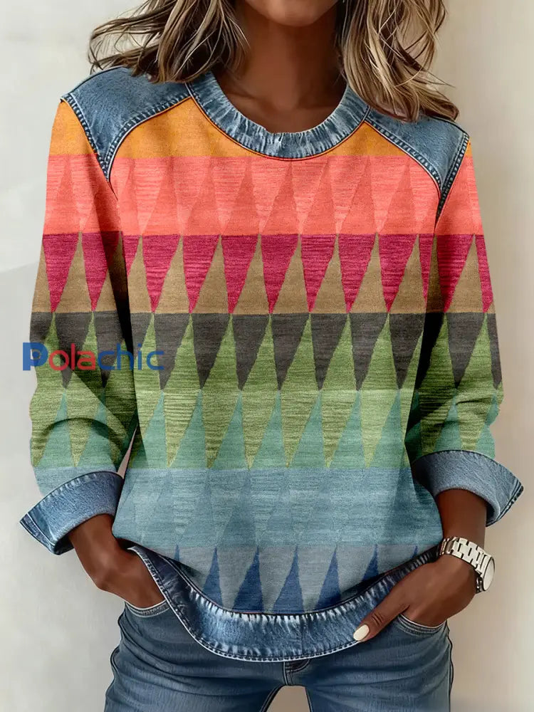 Motif géométrique Vintage Patchwork Art Sweatshirt des femmes comme image / S
